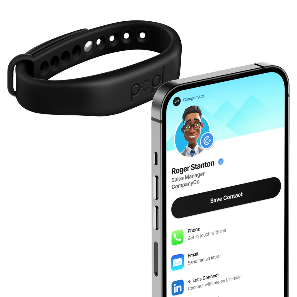 Popl bracelet in action—tap to share contact info instantly.