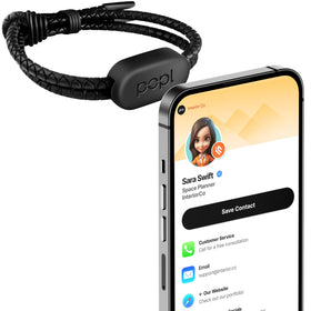 Popl bracelet authentic patented black rope close-up, premium build for easy contact exchange and networking.
