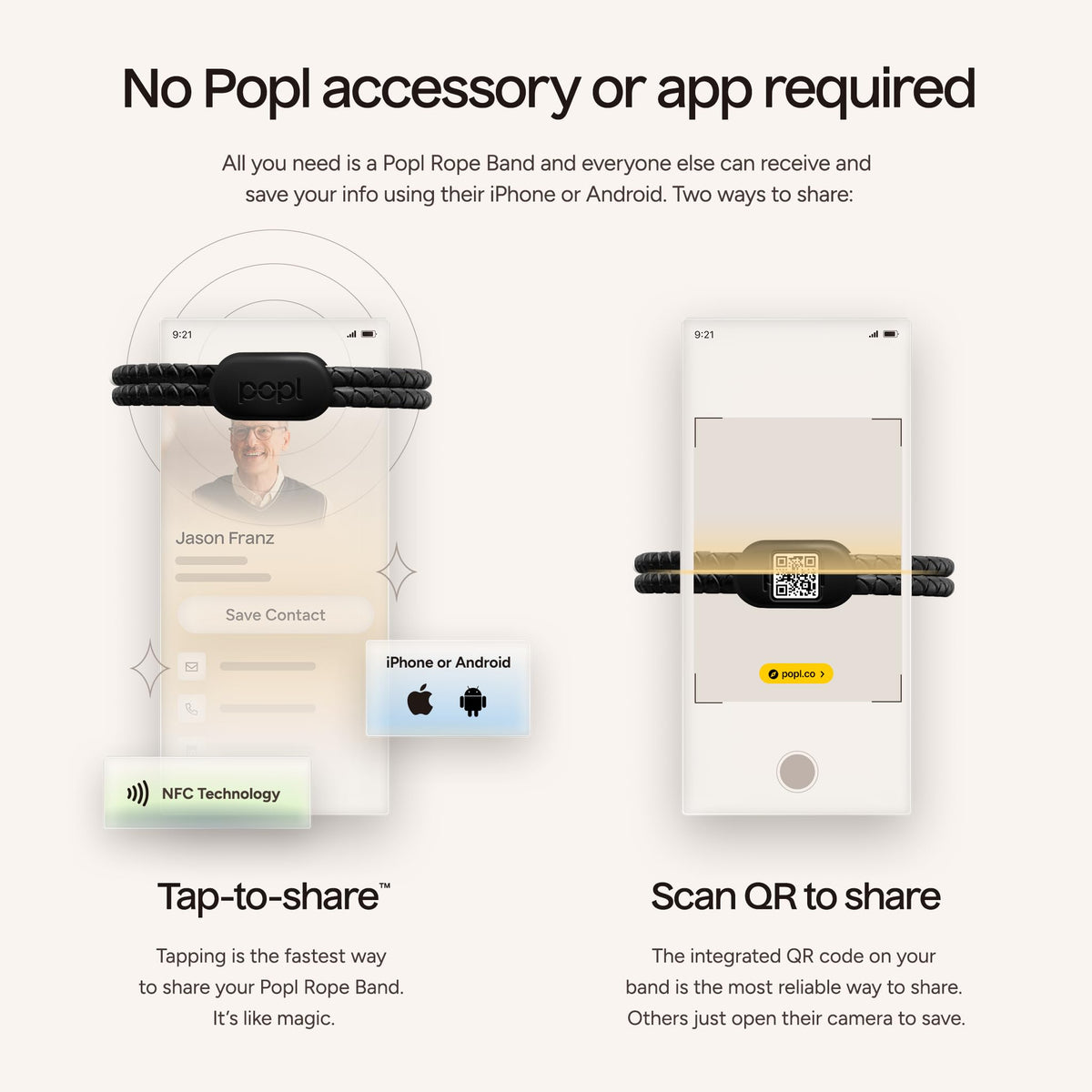 Popl bracelet, tap to share, compatible with iPhone models, enabling instant contact transfer.