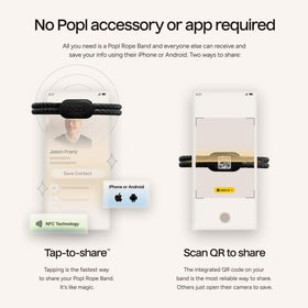 Popl bracelet, tap to share, compatible with iPhone models, enabling instant contact transfer.