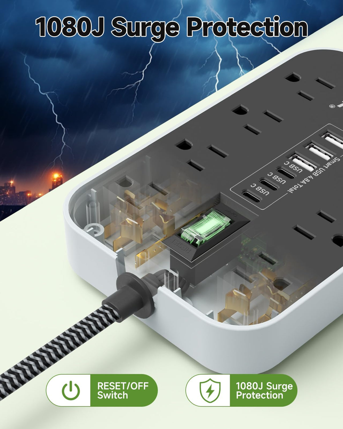 Popowell 1080J surge protection keeps essential devices safe.