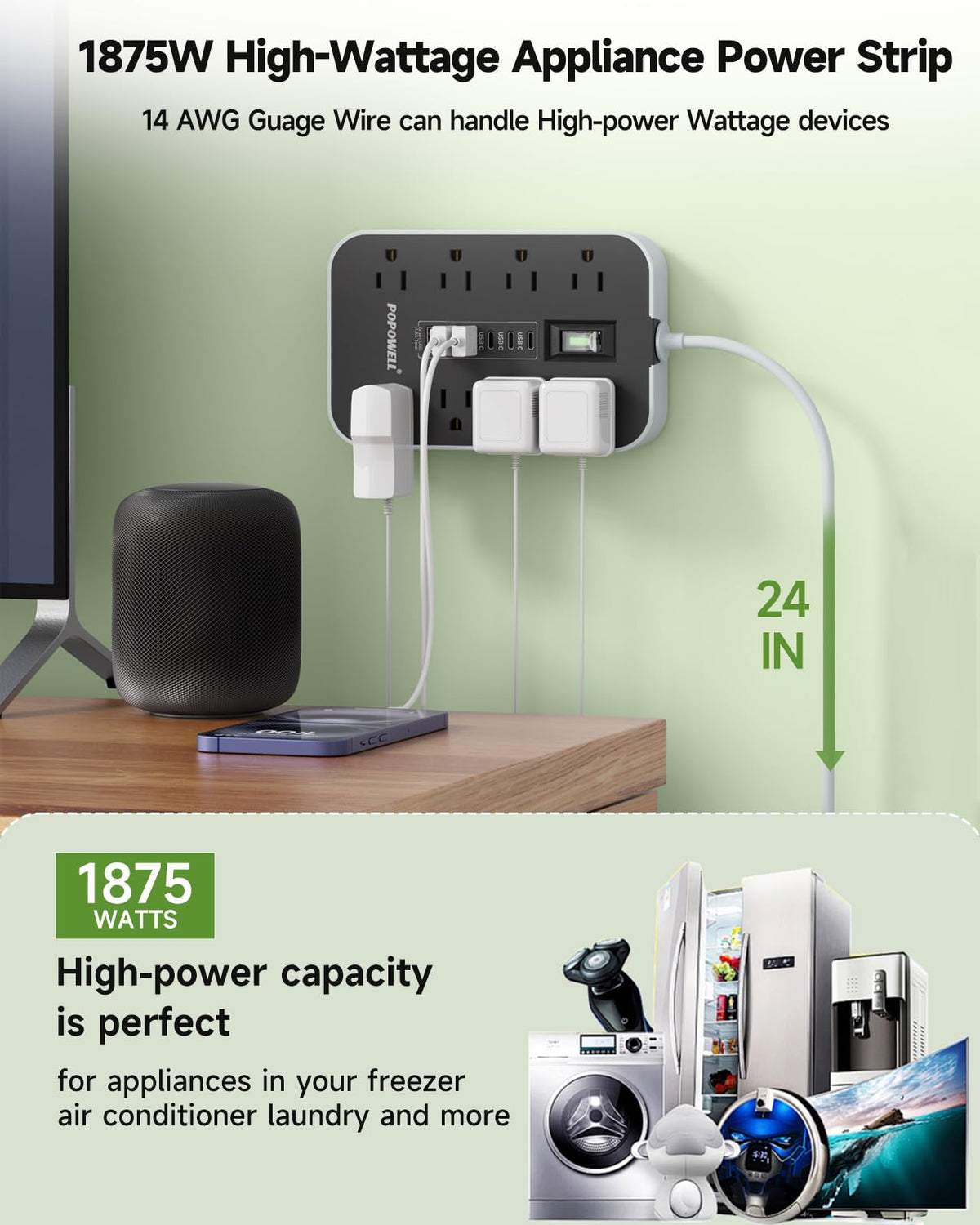 Popowell 14-in-1 heavy-duty power strip close-up highlighting robust design