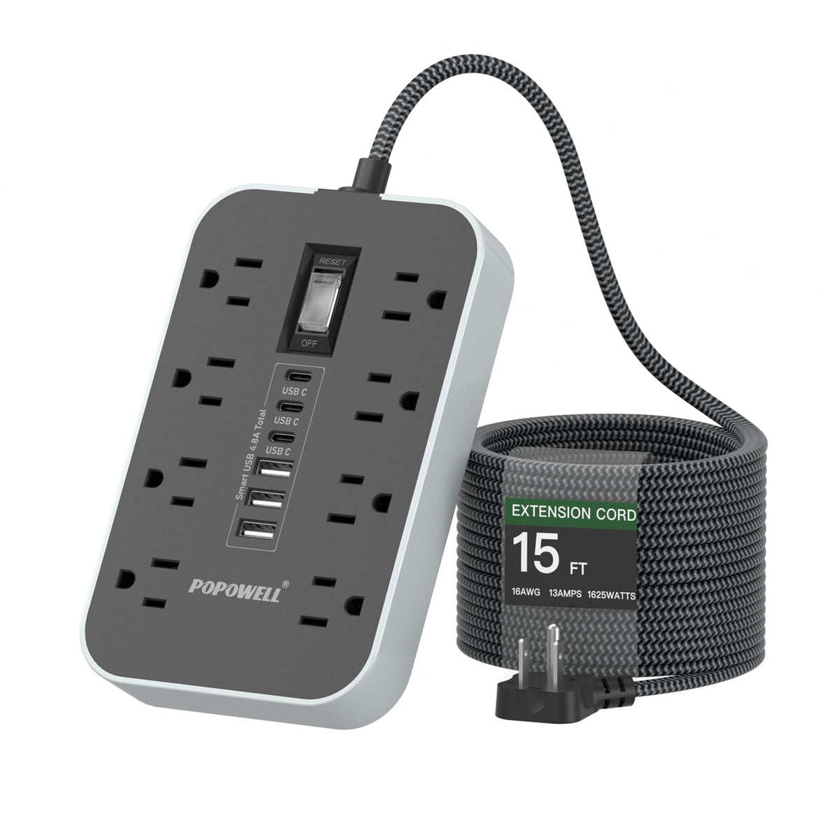 Popowell 15ft extension cord with outlets for hard-to-reach desks and clean power access.