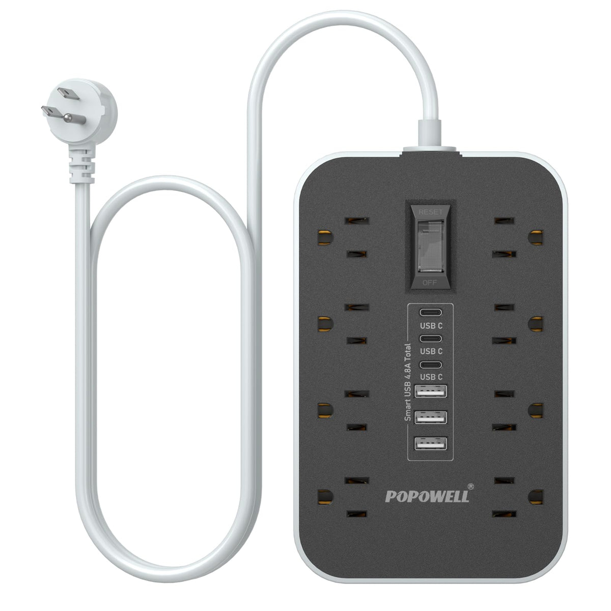 Popowell appliance power strip, 24in angled view showing compact form and reach