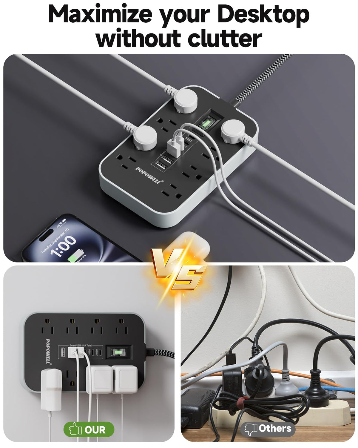 Popowell desk-friendly power strip keeps workspace organized and safe.