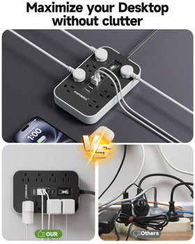 Popowell desk-friendly power strip keeps workspace organized and safe.