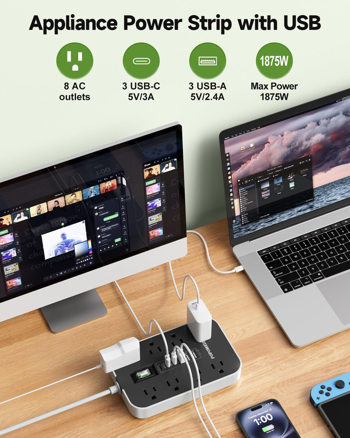 Popowell eight outlets and six USB ports organized on a single hub