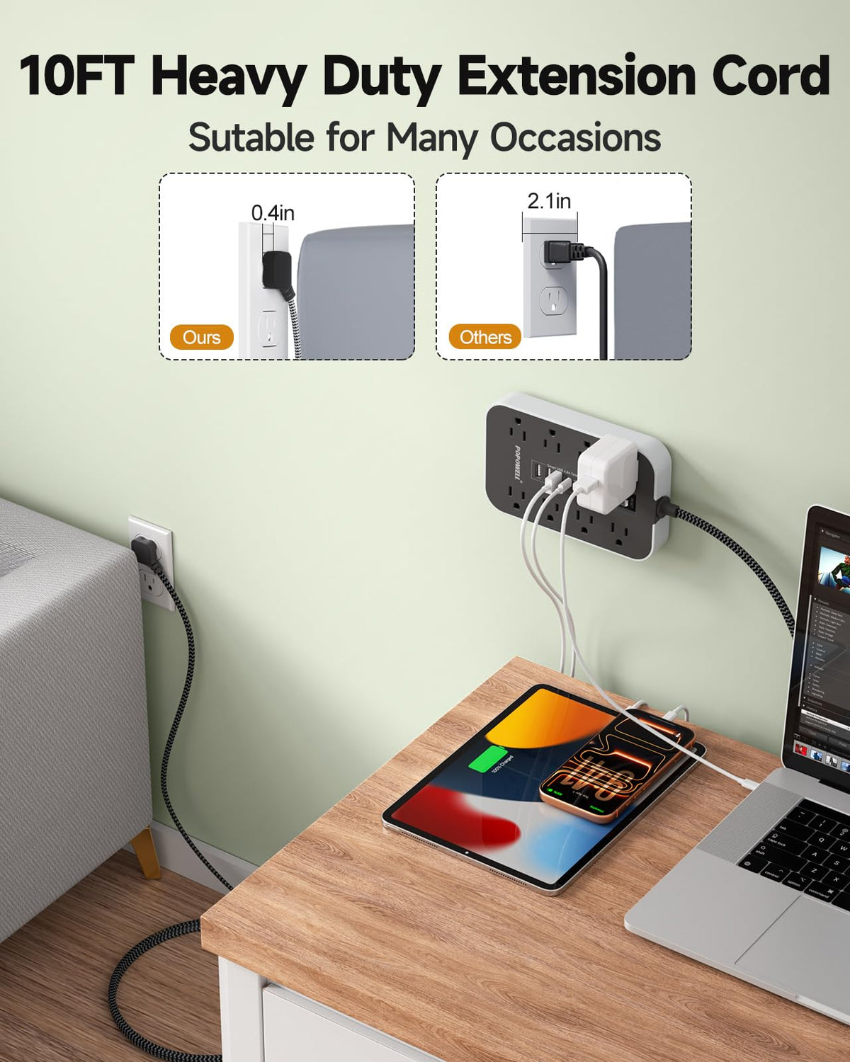 popowell close-up of 45-degree flat plug fitting behind furniture easily