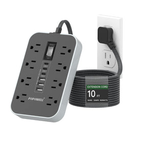 popowell front view showing 8 outlets and 6 USB ports for compact charging