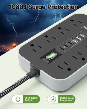 Popowell surge protector with overload switch automatically cuts power if overloaded.