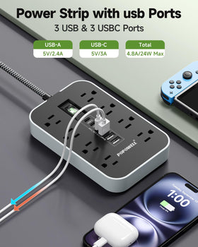 Popowell power strip 5ft braided cord keeps cords organized and durable.