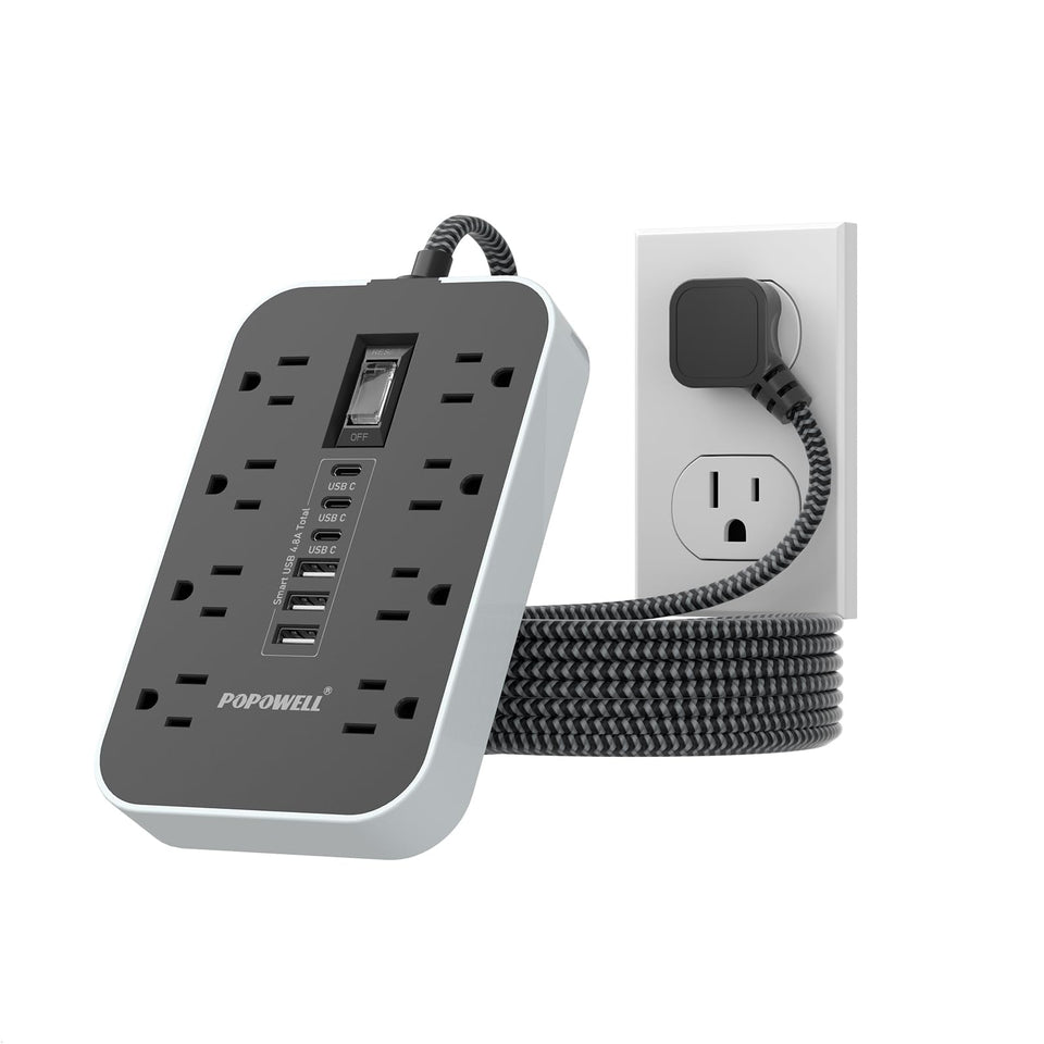 Popowell power strip with eight outlets and flat plug for clutter-free desks.