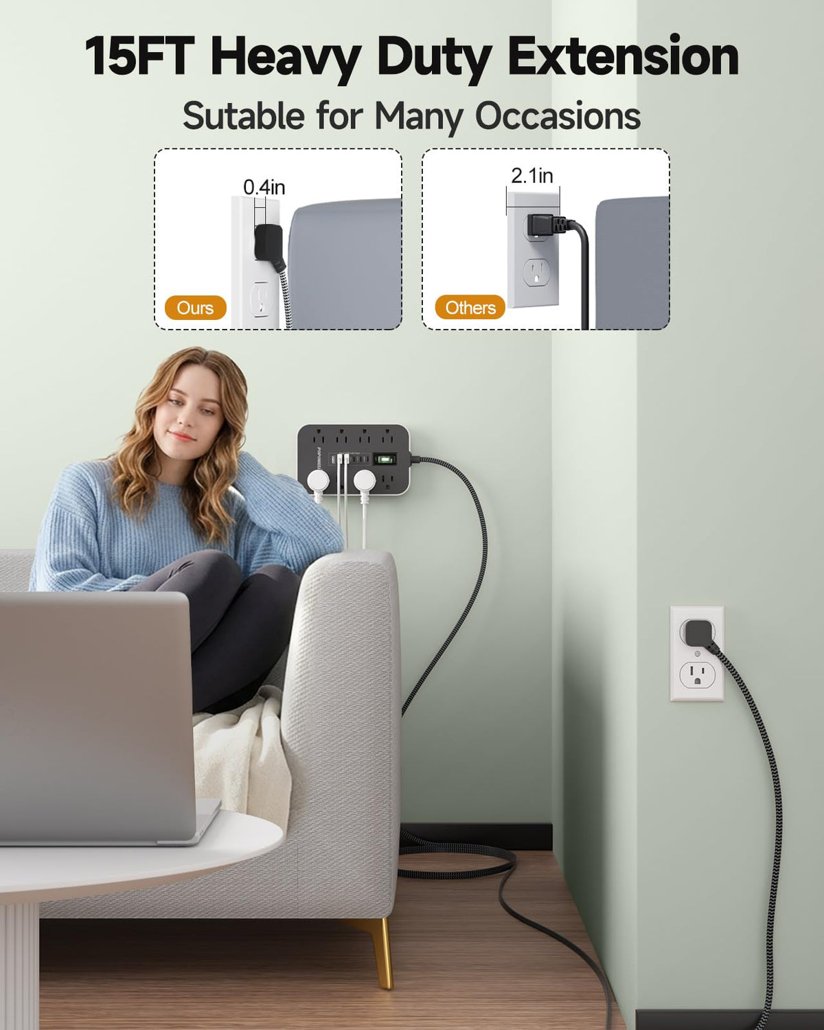 Popowell power strip with 8 outlets and USB ports for organized office charging.
