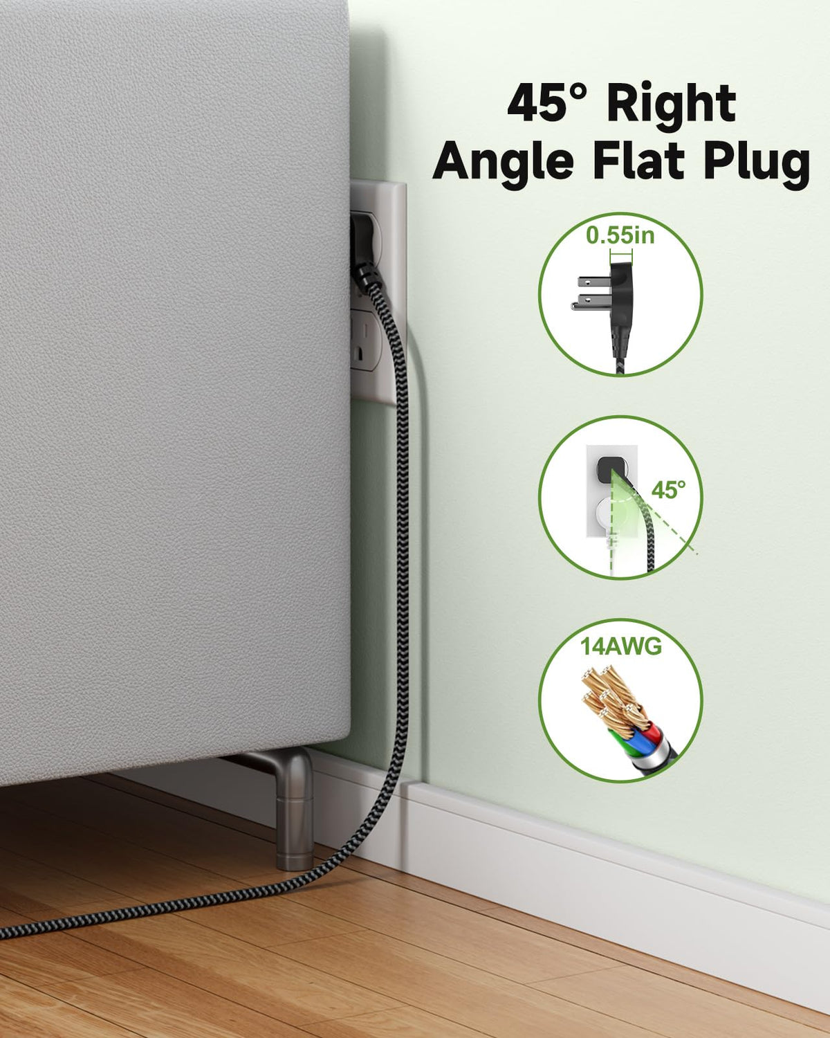 Popowell right-angle flat plug fits into tight spaces without blocking outlets.