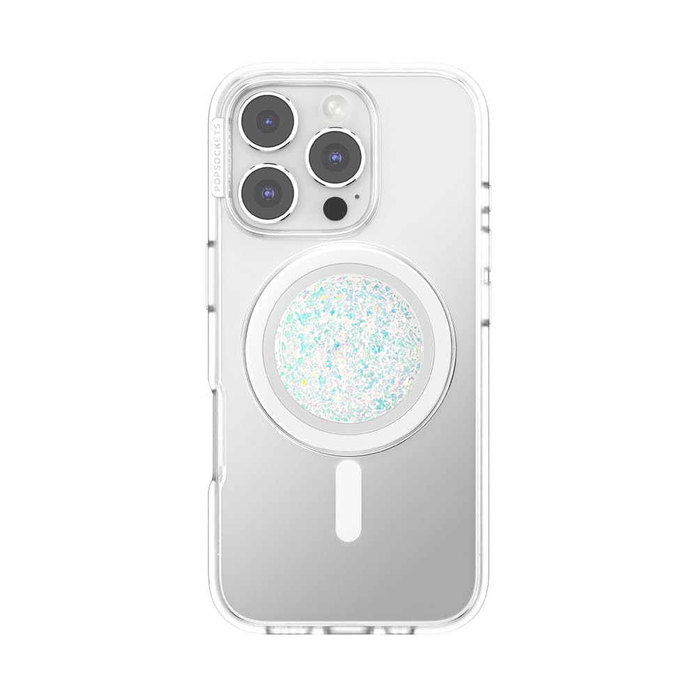 PopSockets iridescent confetti attached to phone demonstrating secure magnetic hold while in use