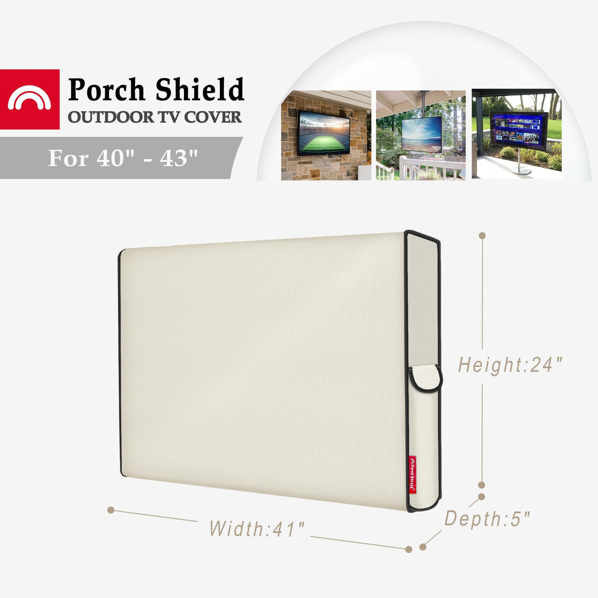 Porch Shield seam-taped edges highlight durable weatherproof sealing for outdoor TVs