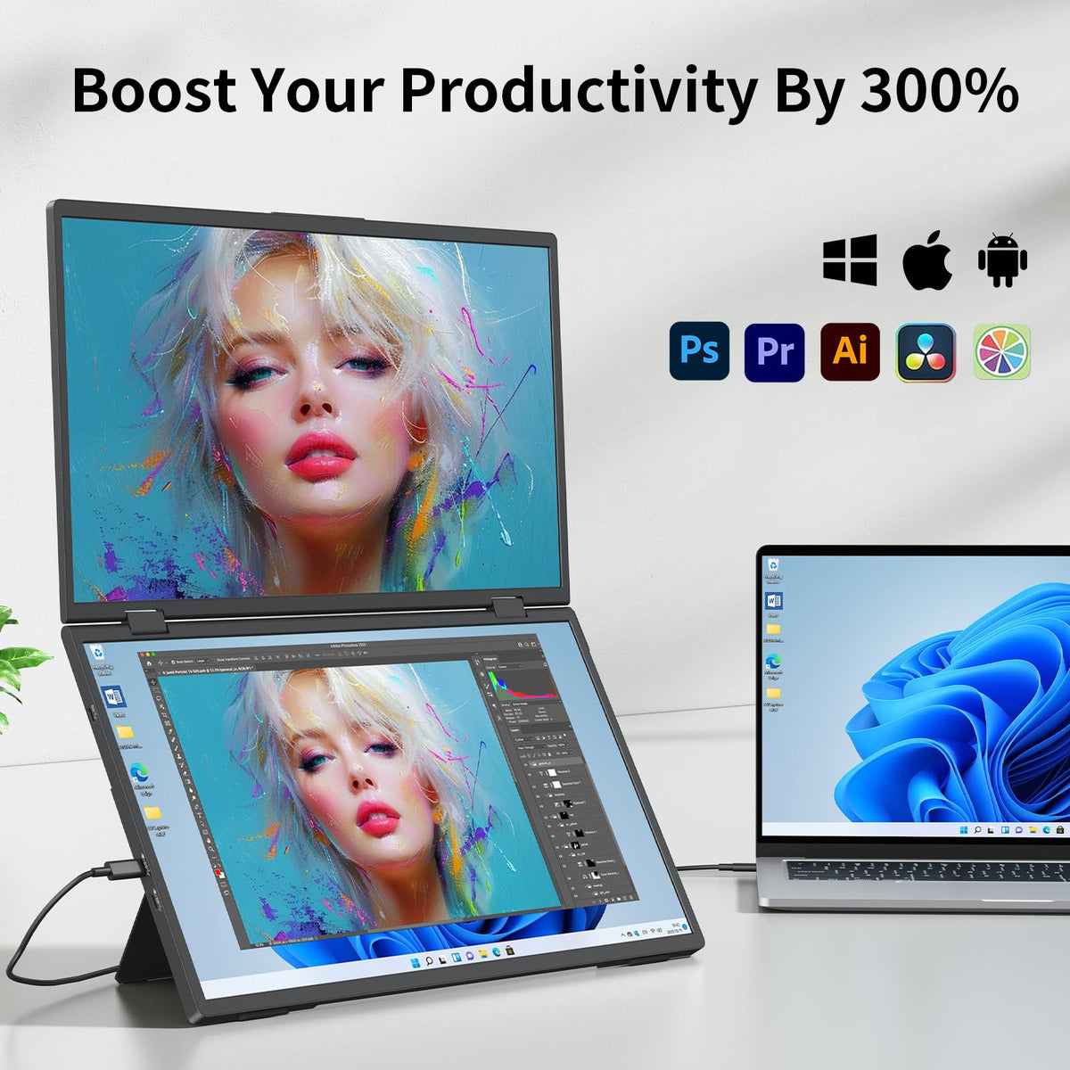 Pornitor 15.6-inch stacked IPS panels deliver vivid color and clarity.