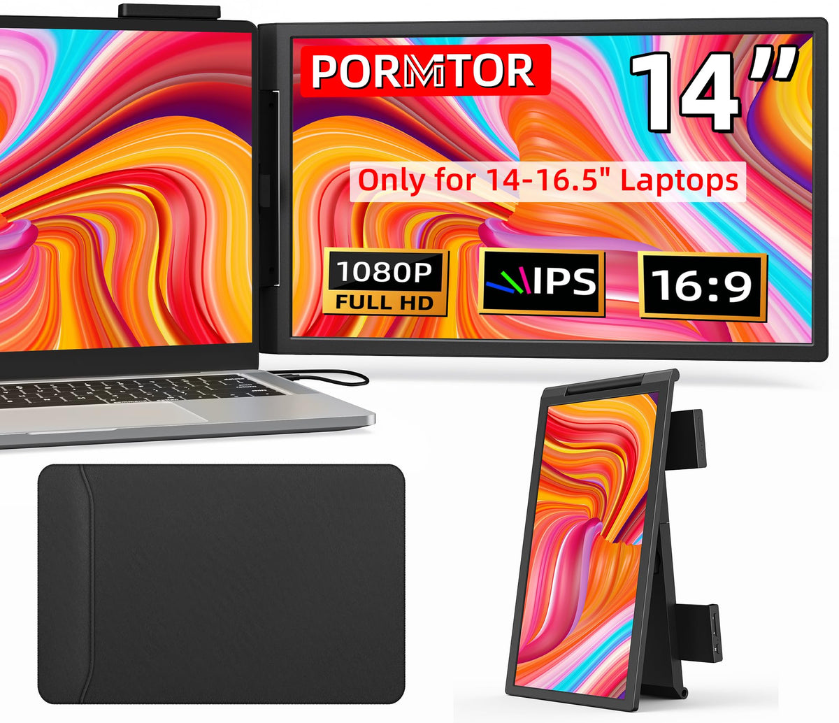 Pornitor laptop screen extender front view for a compact multitasking setup.