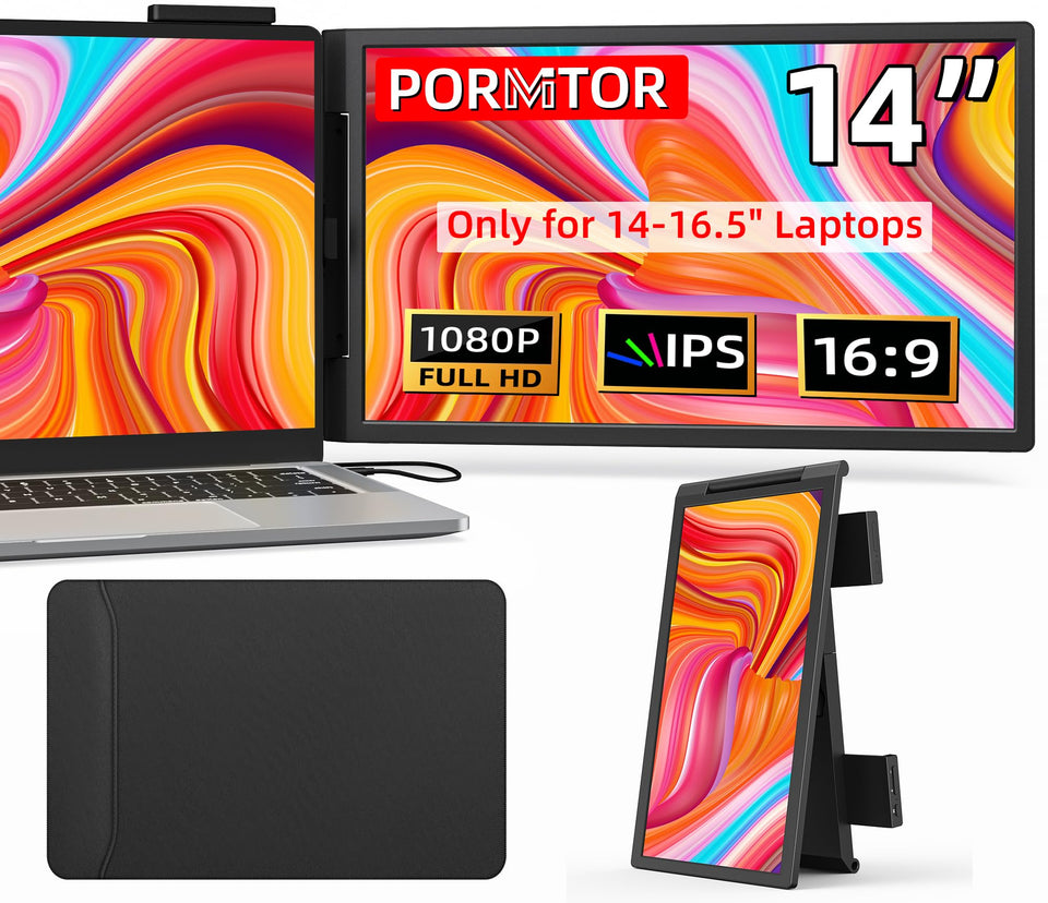 Pornitor laptop screen extender front view for a compact multitasking setup.