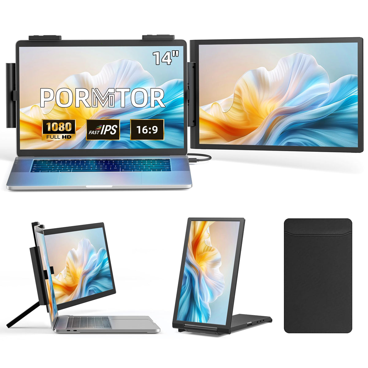 Pornitor Laptop Extender front view with dual-screen setup for multitasking.