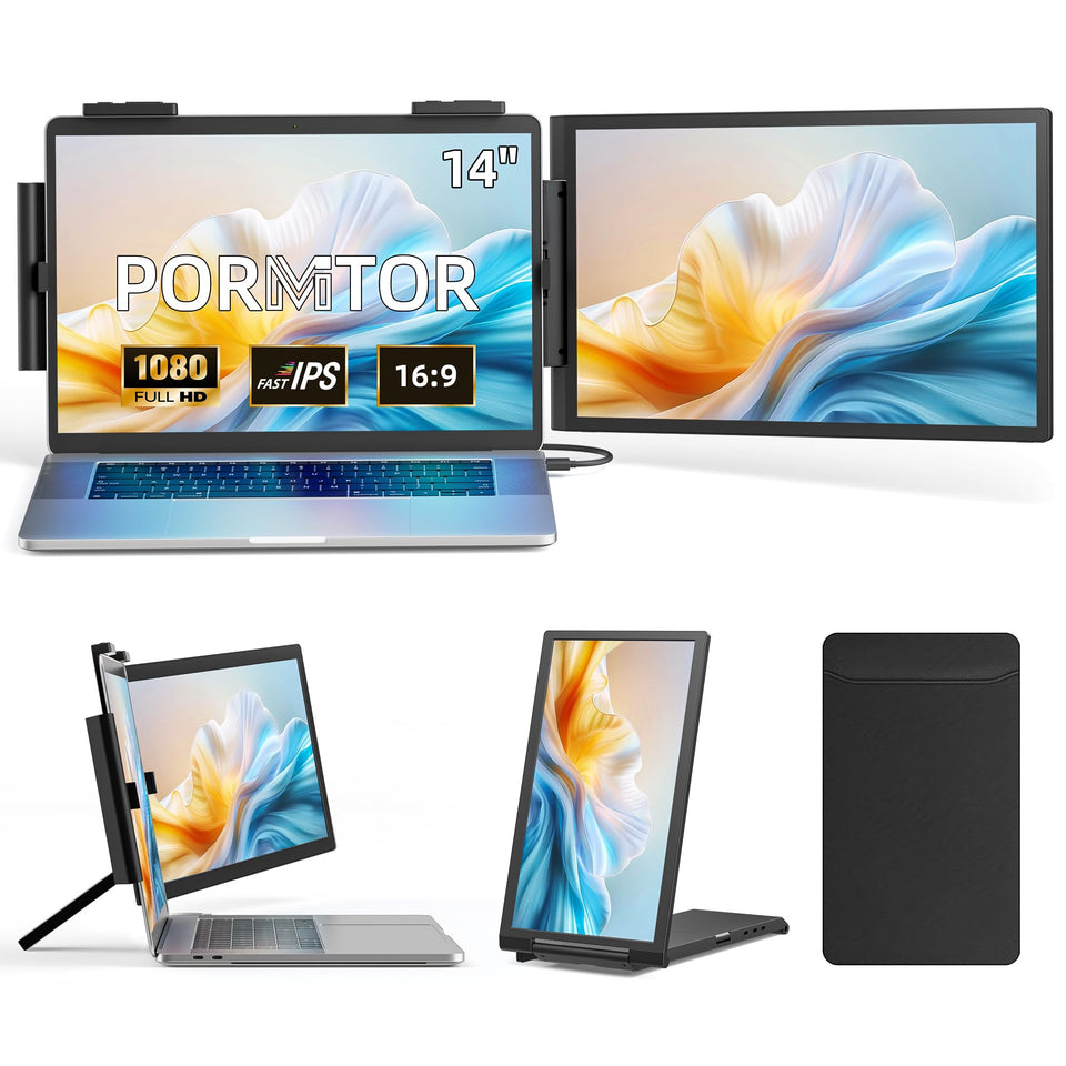 Pornitor Laptop Extender front view with dual-screen setup for multitasking.