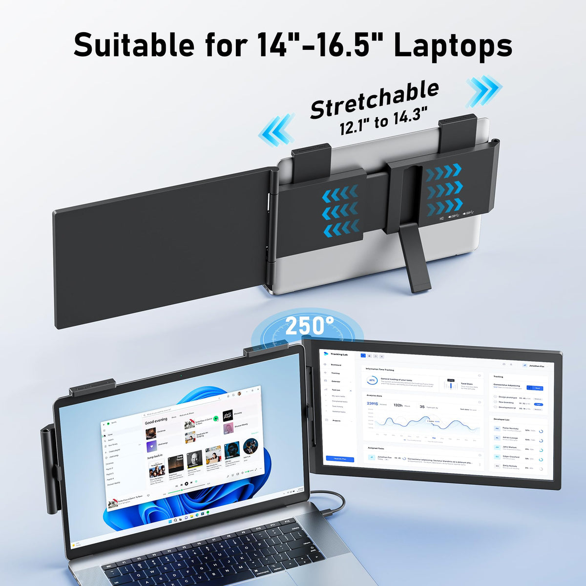 Pornitor Laptop Extender rotated to 250-degree tilt for flexible use.