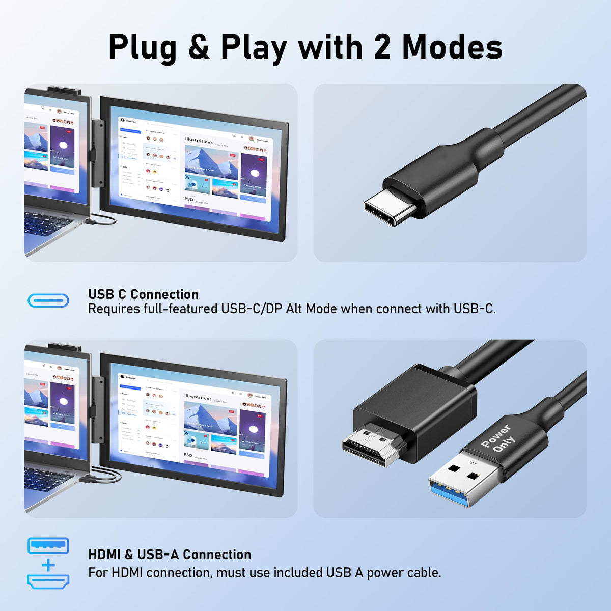 Pornitor Laptop Extender connected by USB-C for plug-and-play setup.