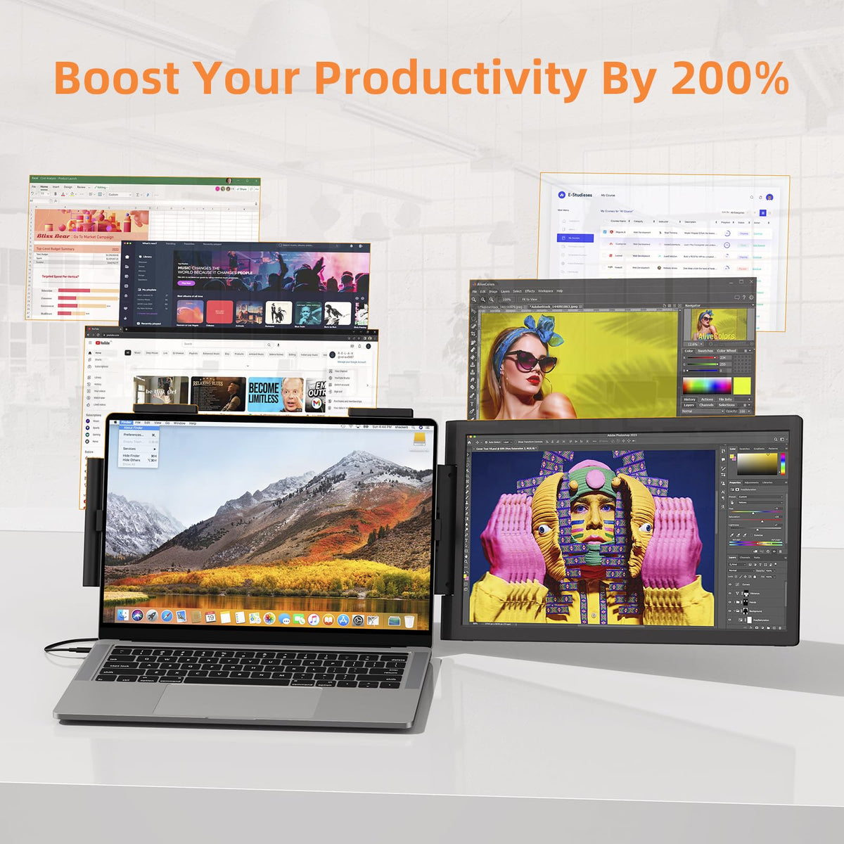 Pornitor on-desk workstation enables multi-window workflows.
