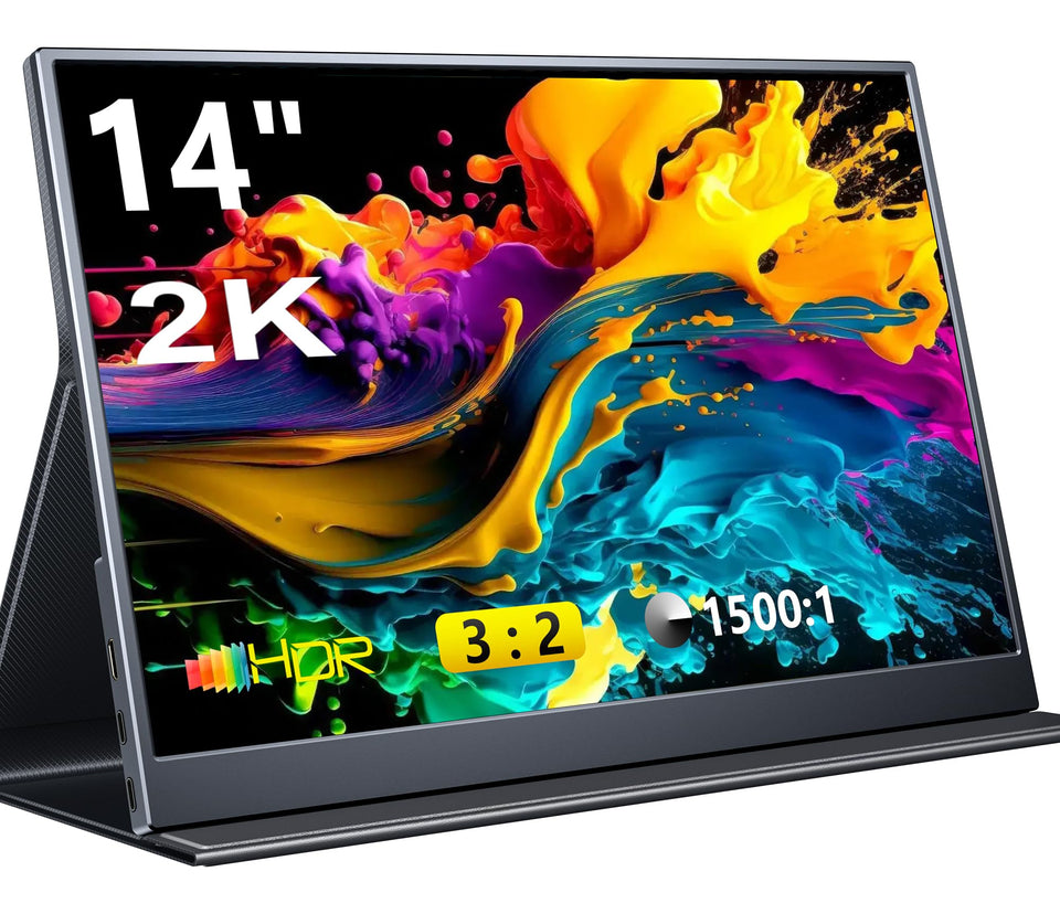 Pornitor portable monitor 14in front view shows crisp 2160x1440 visuals for on-the-go work