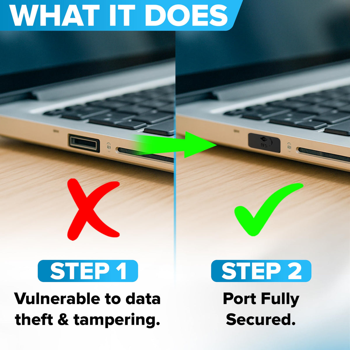 PortPlugs durable metal build shown for long-lasting USB protection.