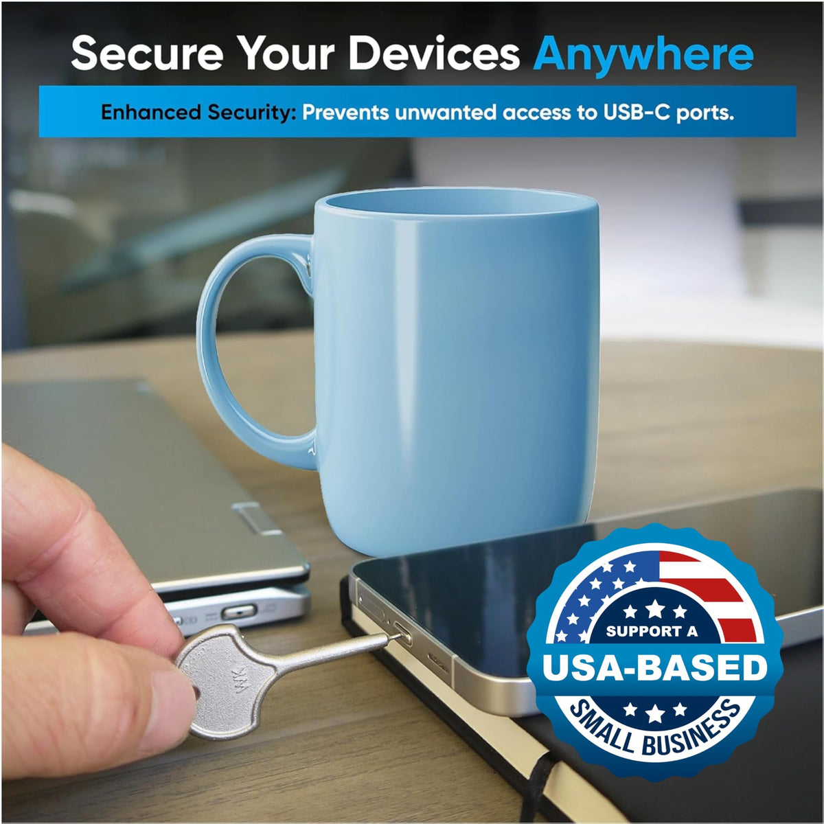 PortPlugs installed in a laptop USB-C port, PortPlugs prevents unauthorized charging