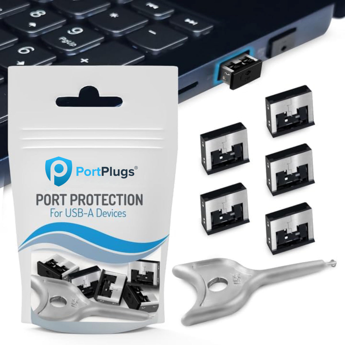 PortPlugs USB-A port blocker with key prevents unauthorized access and data theft.