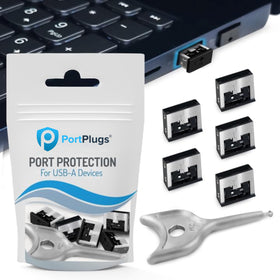 PortPlugs USB-A port blocker with key prevents unauthorized access and data theft.