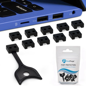 PortPlugs USB-A port blocker with key lock secures a laptop port and prevents access.