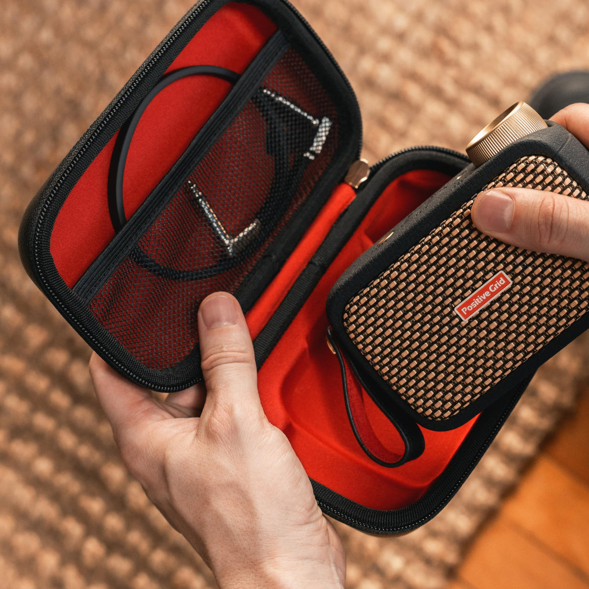 Positive Grid Spark GO carry case is compact and sleek for easy travel.