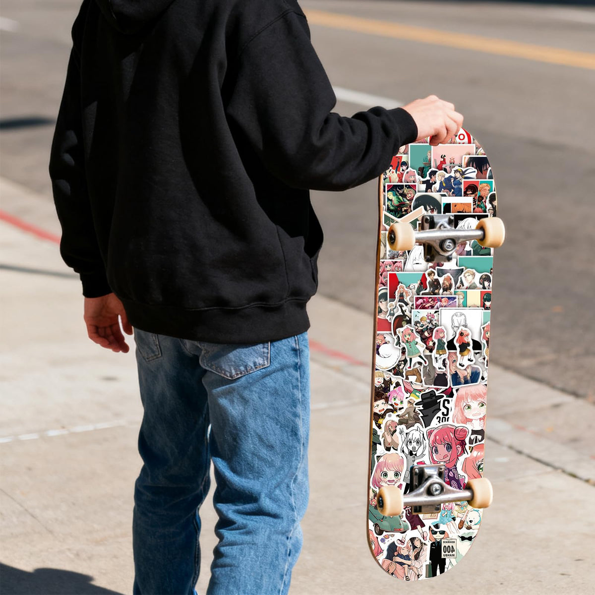 Pounchi Cute Anime Stickers on a skateboard for expressive decoration
