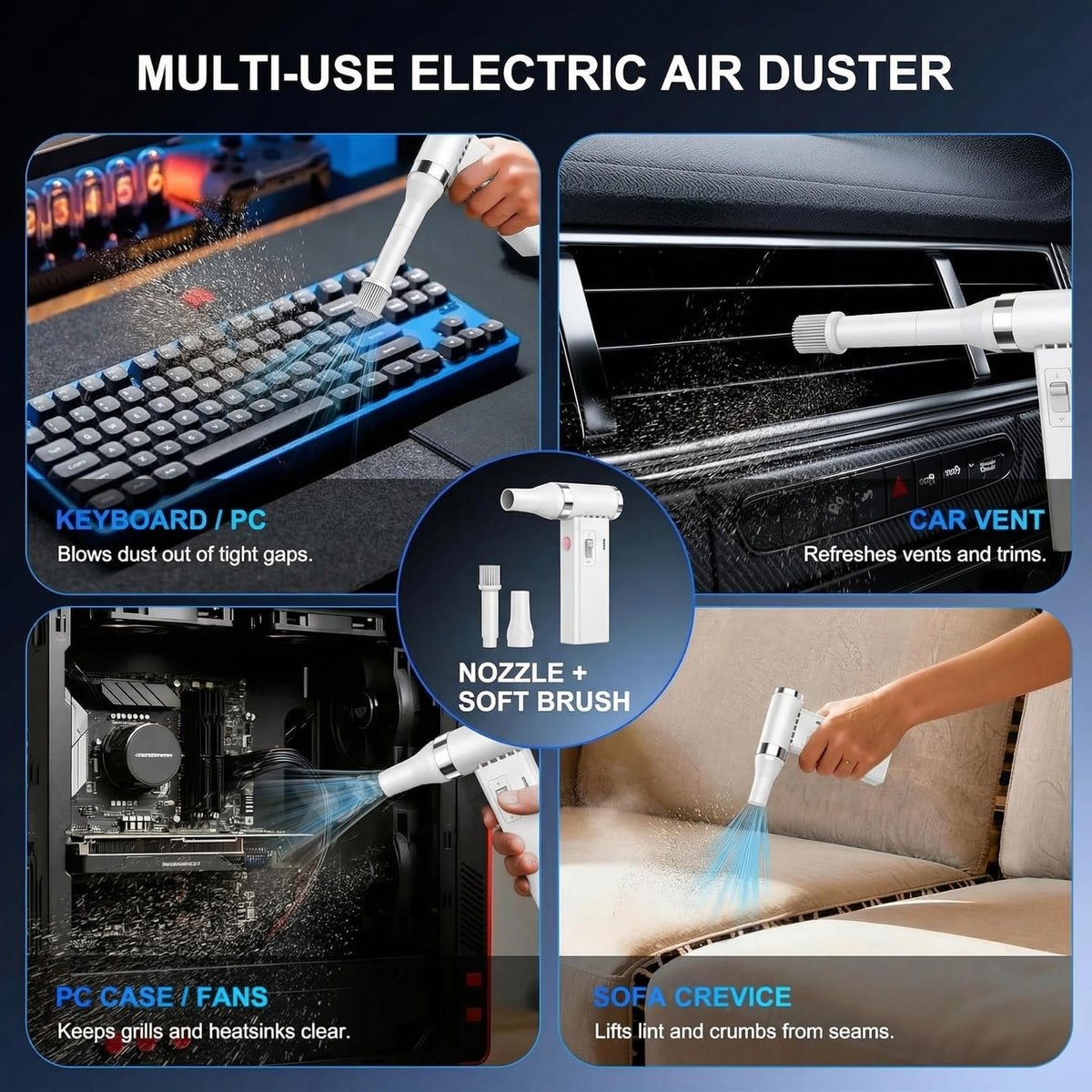 PowCube blowing dust from a keyboard illustrating precise dust removal for electronics