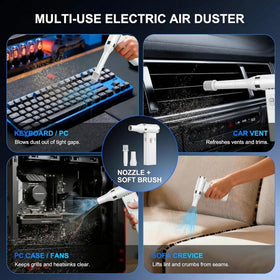 PowCube blowing dust from a keyboard illustrating precise dust removal for electronics