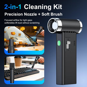 PowCube blowing dust from a keyboard for safe, contactless cleaning