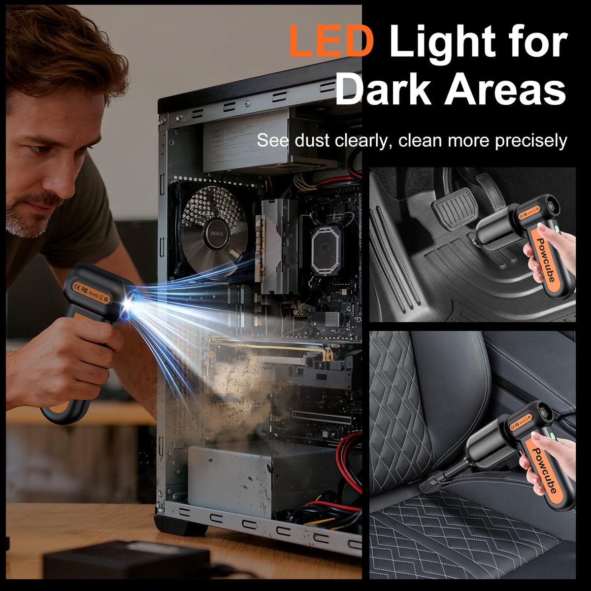 PowCube LED light illuminating tight space to reveal hidden dust and debris