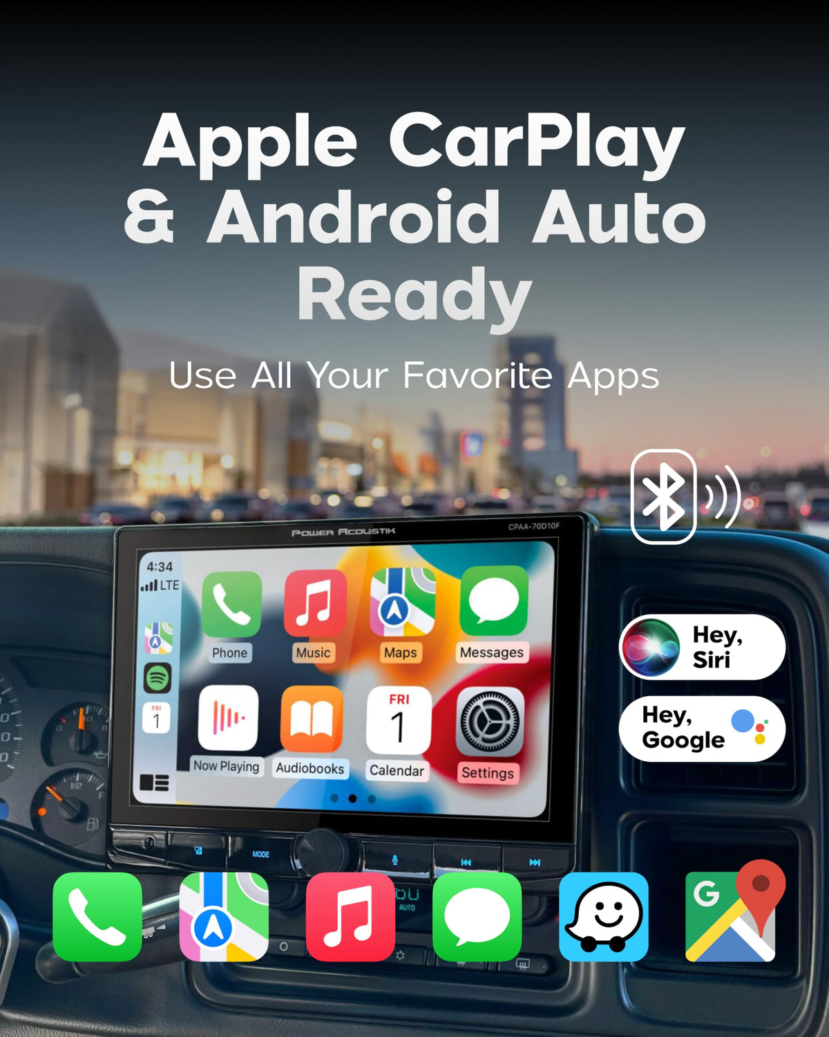 Power Acoustik CPAA-70D10F wireless CarPlay & Android Auto enables hands-free use