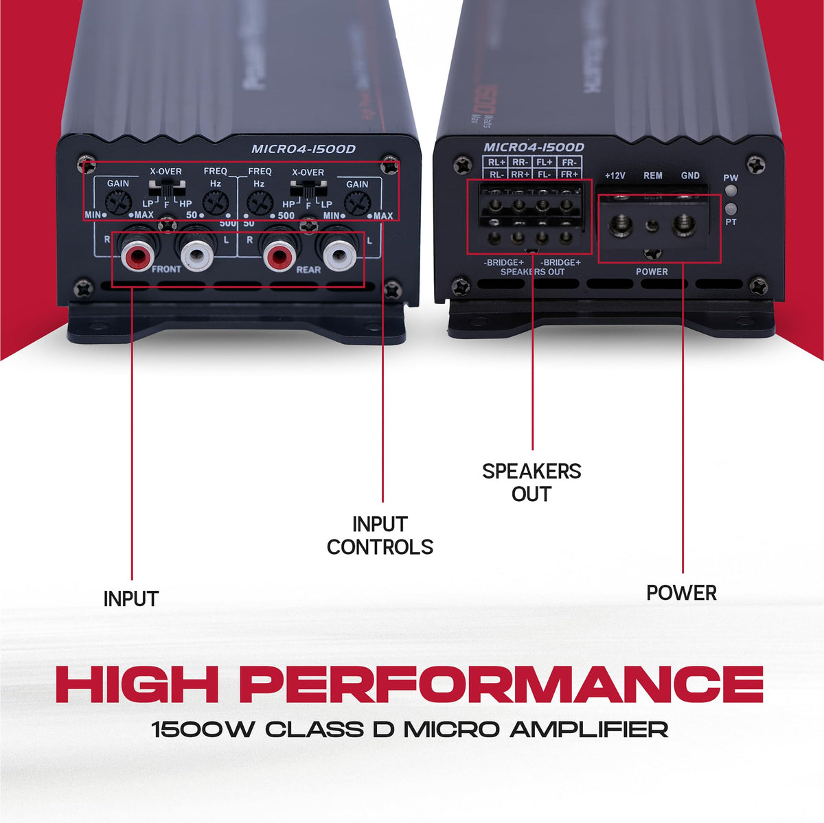 Power Acoustik MICRO4-1500D side profile reveals ultra-compact chassis for tight spaces
