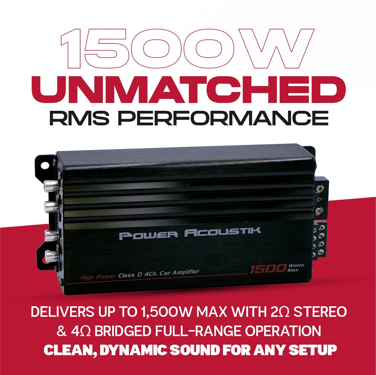 Power Acoustik MICRO4-1500D top panel with clean layout for easy wiring