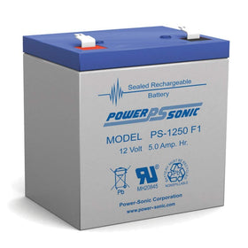 Power Sonic PS-1250F1 12V battery side view, compact and versatile for various devices.
