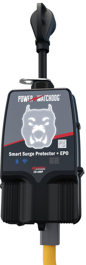 Power Watchdog PWD30EPOW with Wi-Fi/Bluetooth app monitors voltage and amps for RV use.