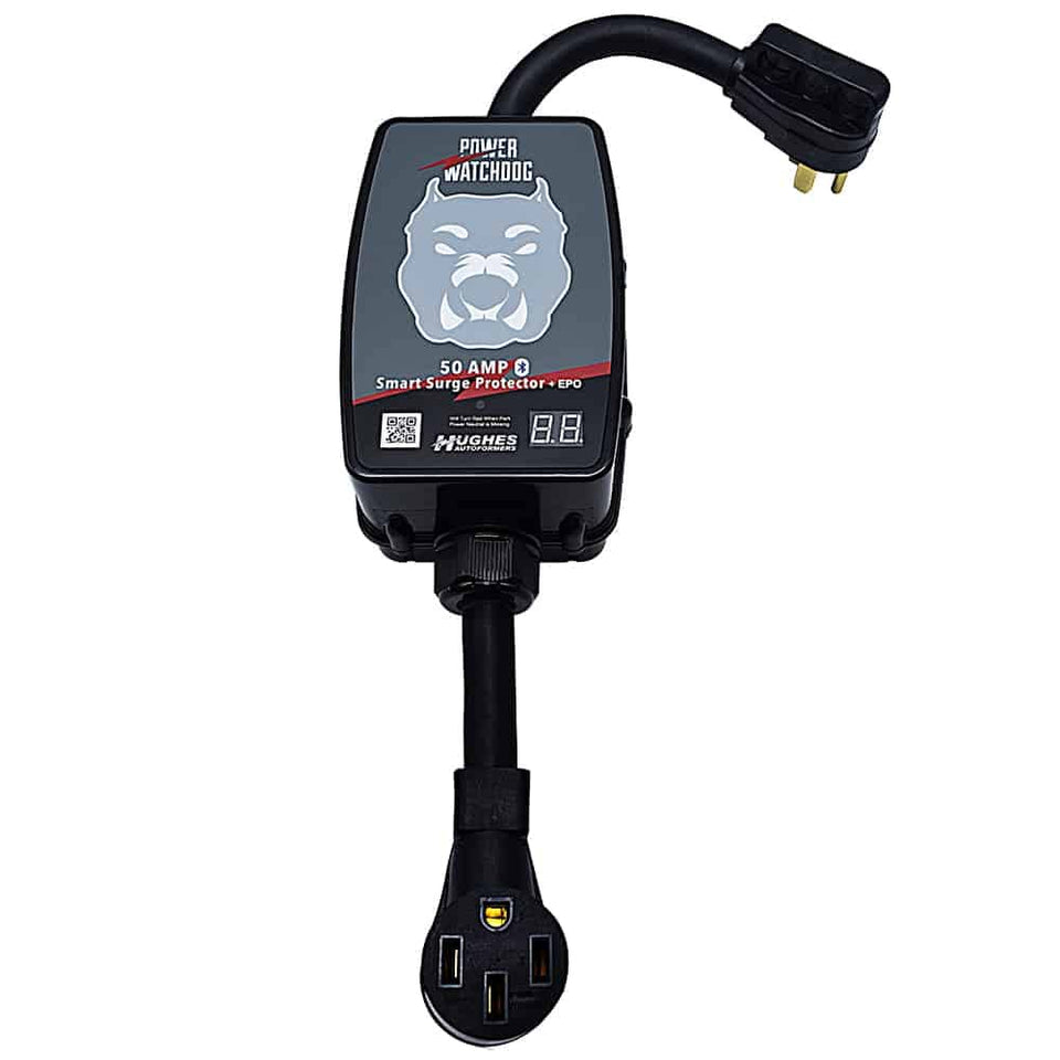 Power Watchdog Smart RV surge protector front view with 50-amp compatibility for safe campground power.