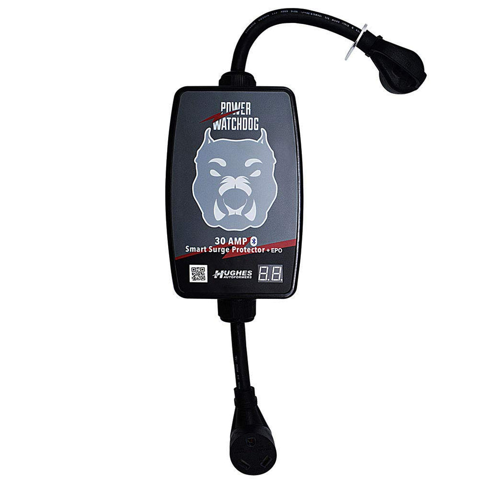 Power Watchdog Smart RV Surge Protector front view for outdoor RV use.