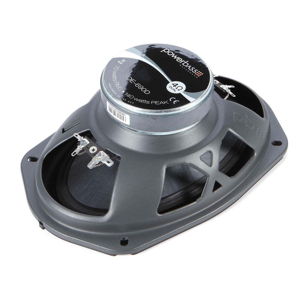 PowerBass OE-690D rigid basket with flat gray finish supports durable, steady sound.