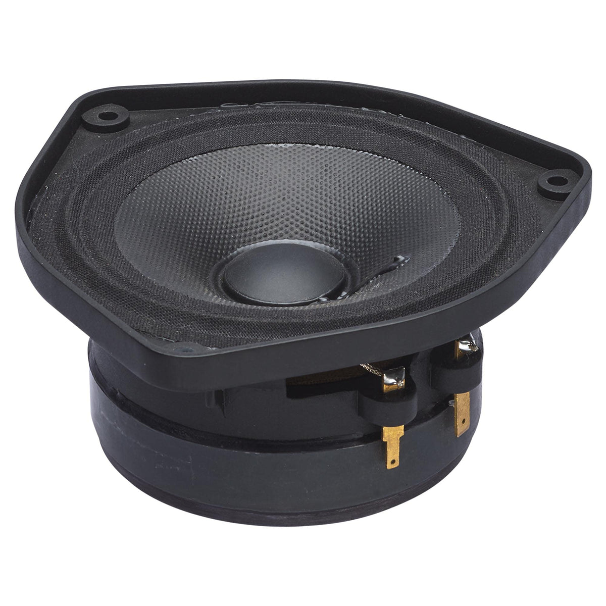 PowerBass OE-400 4-inch midrange basket view highlighting solid construction for easy installation
