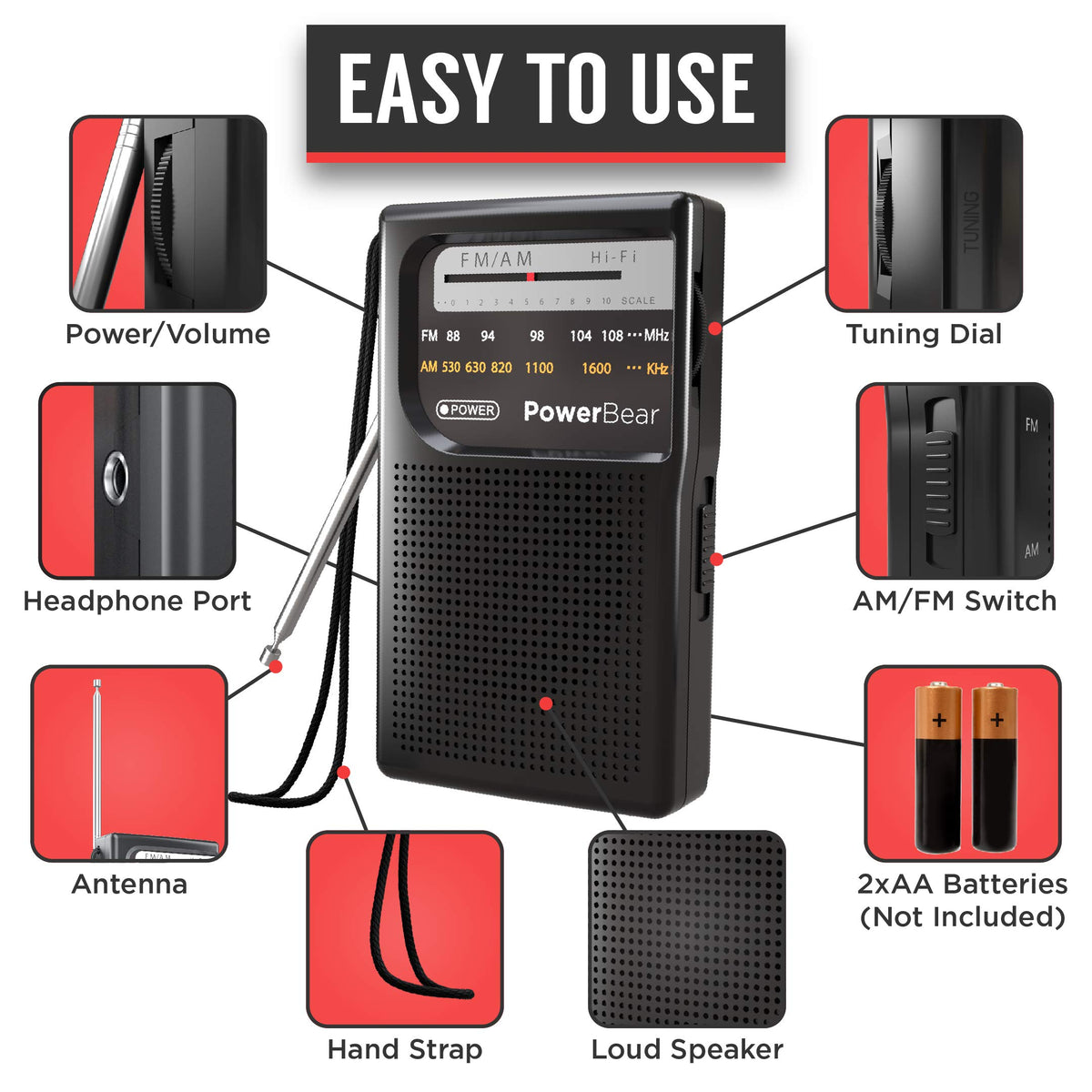 PowerBear portable radio battery compartment showing two AA batteries for emergency use.